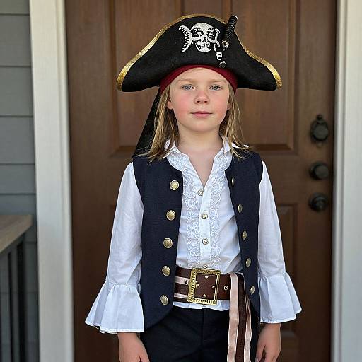 Photograph of a young girl in a pirate costume: black tricorn hat with white skull and crossbones, white lace shirt, black vest, brown