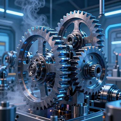 Photograph of shiny, interlocking metal gears with blue lighting and visible steam, set in a futuristic industrial workshop.