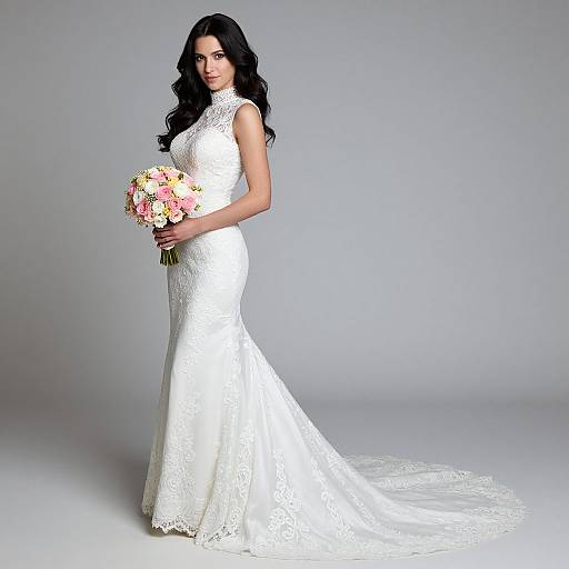 Photograph of a pregnant woman with long black hair, wearing a white lace sleeveless wedding dress, holding a pink and white bouquet, standing against a