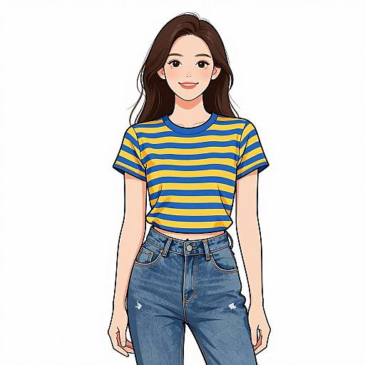 Digital illustration of a smiling woman with long brown hair, wearing a yellow and blue striped shirt and blue high-waisted jeans.