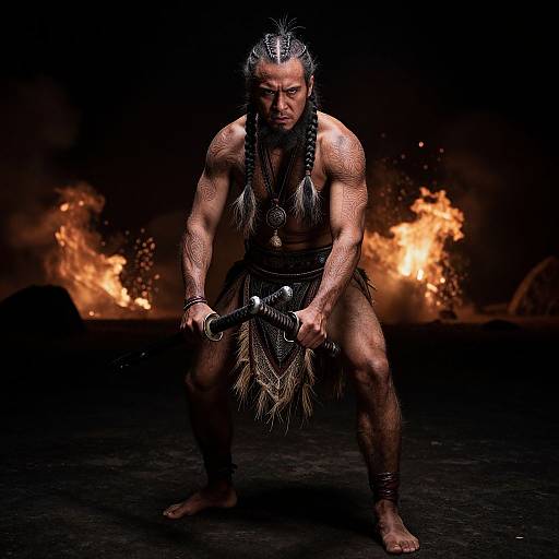 Photograph of a muscular, tattooed warrior with braided hair, wearing a leather loincloth, holding a sword, crouching in front