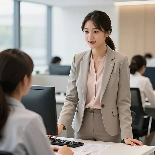 Photograph of an Asian woman in a beige suit and pink blouse, standing at a desk in a modern office, speaking with another woman seated in front