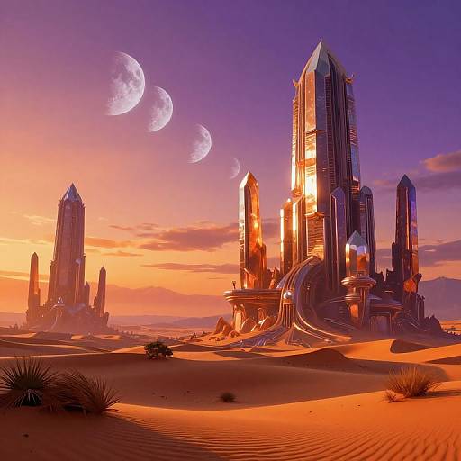 Digital art of a futuristic cityscape at sunset with three crescent moons, towering skyscrapers, and orange sand dunes, illuminated by warm,
