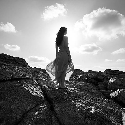 Black-and-white photograph of a silhouetted woman with long hair, in a flowing dress, standing on rocky terrain against a bright, cloudy sky