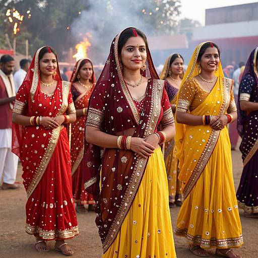 Photograph of Indian women in vibrant sarees (red, yellow, maroon) with gold embroidery, red bindi, standing outdoors at a festive