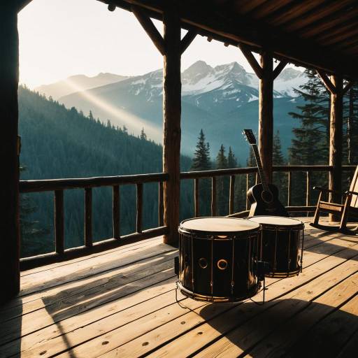 Rustic Mountain Cabin Porch with Musical Instruments