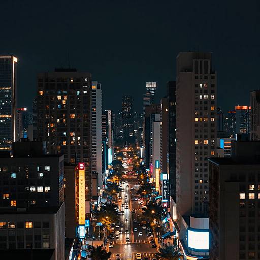 Nighttime photograph of a bustling city street with tall buildings, illuminated windows, and vibrant neon lights lining the road. Urban skyline view.