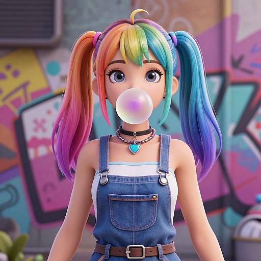 Anime Woman with Rainbow Hair Bubblegum