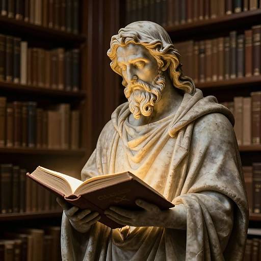 Photograph of a detailed stone statue of a bearded, long-haired, robed figure illuminated by glowing book, standing in a dimly lit library