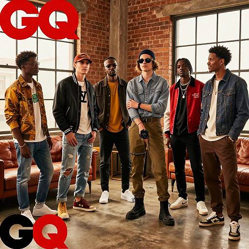 Photograph of six diverse young men in casual urban attire, standing in a brick-walled, sunlit loft with large windows, wearing denim jackets and