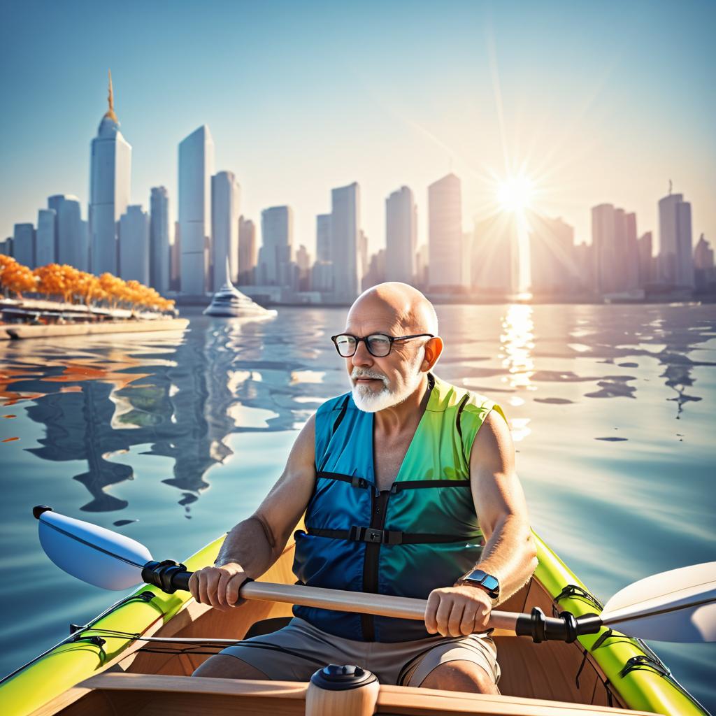 Elderly Kayaker Against City Skyline