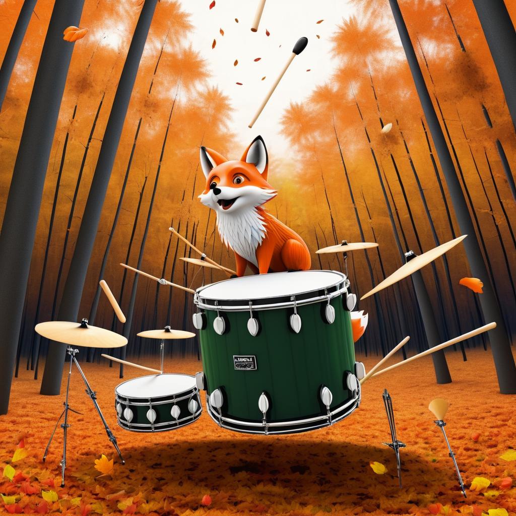 Surreal Drum Set Falling with Fox