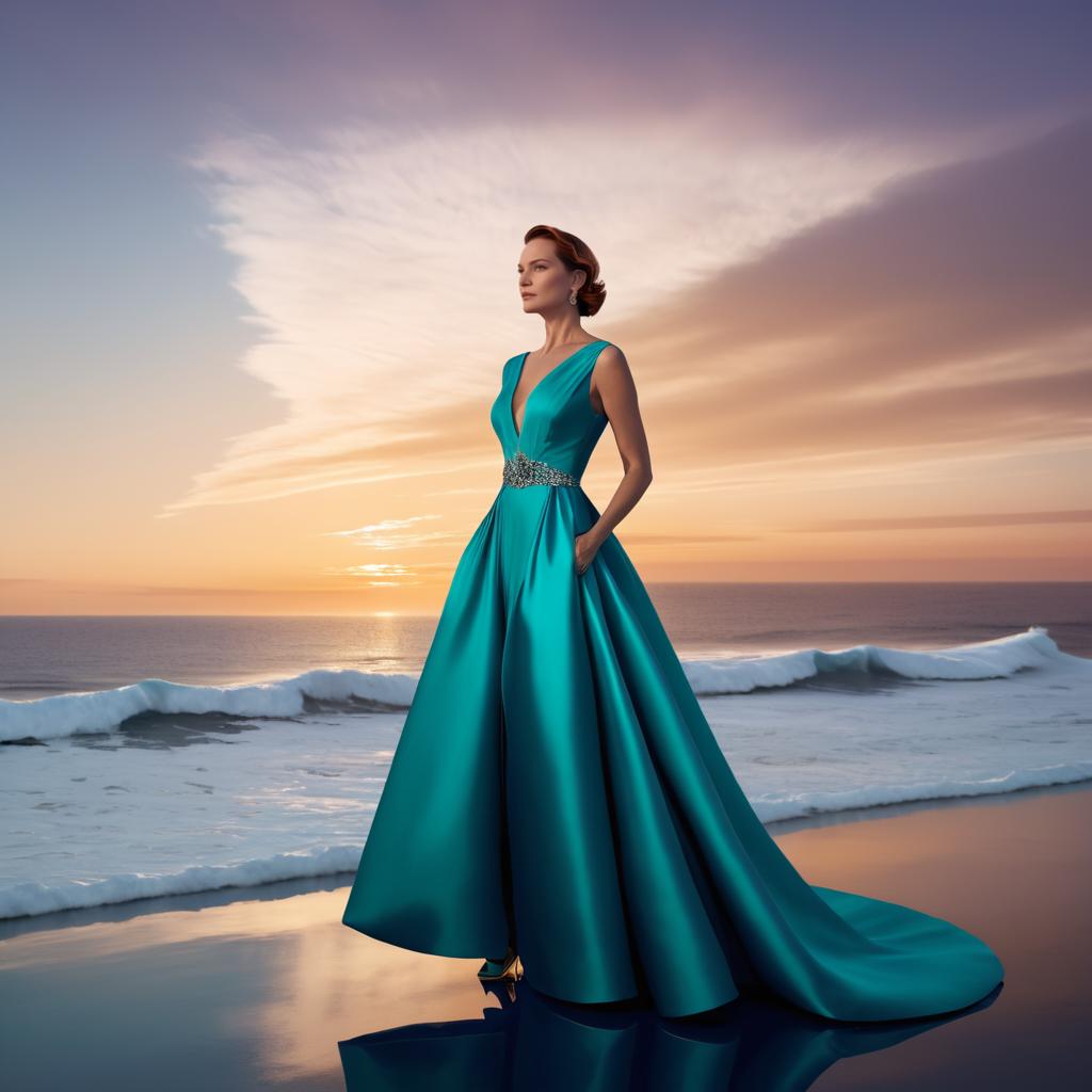 Elegant Evening Gown at Ocean Sunset