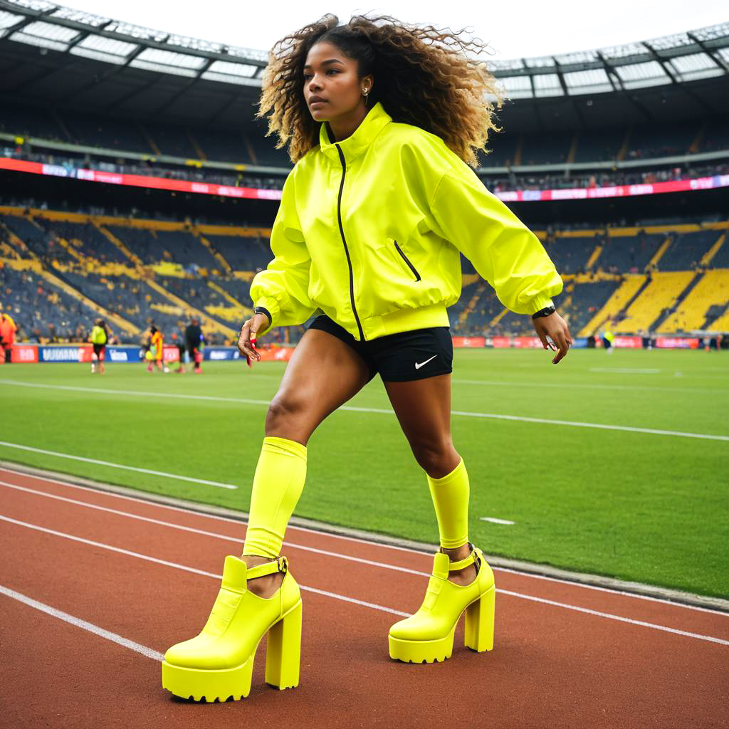 Fierce Athlete in Neon Heels at Stadium