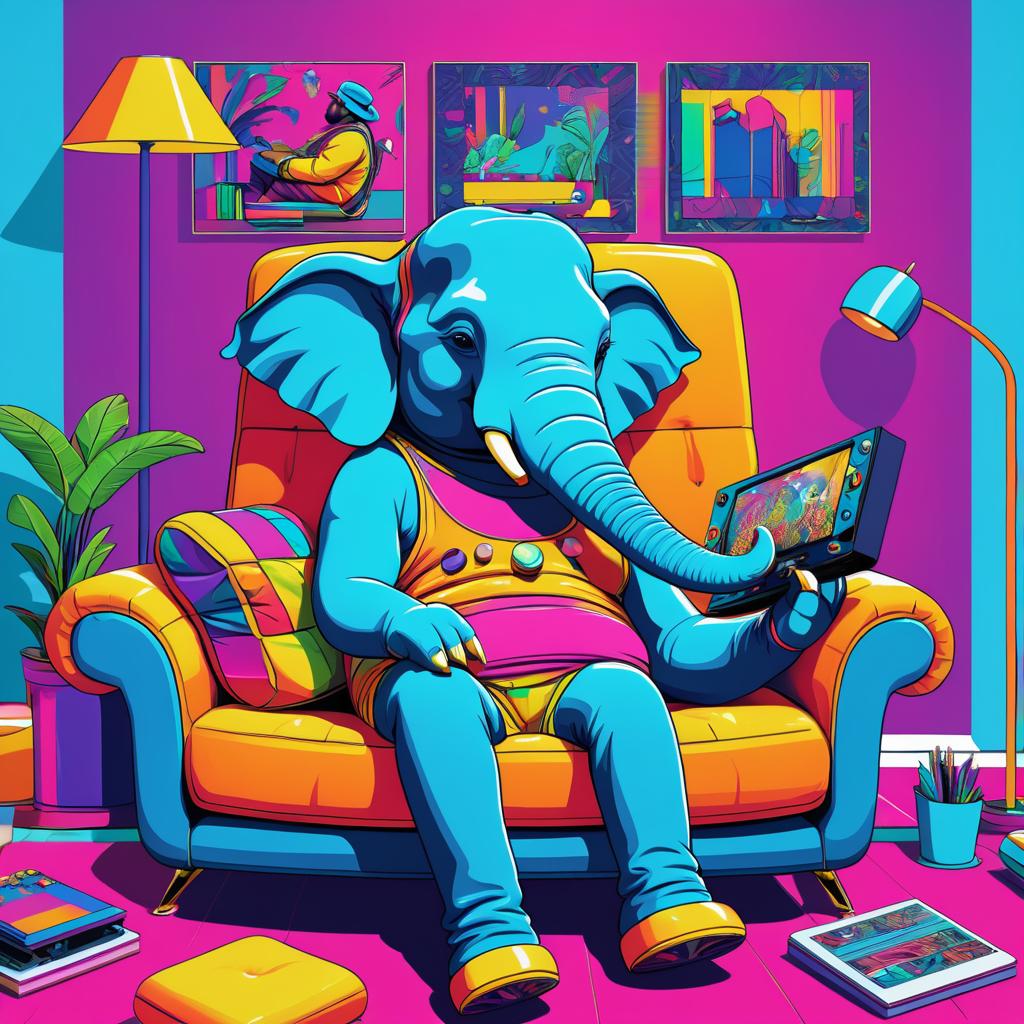 Elephant Gamer on a Vibrant Couch