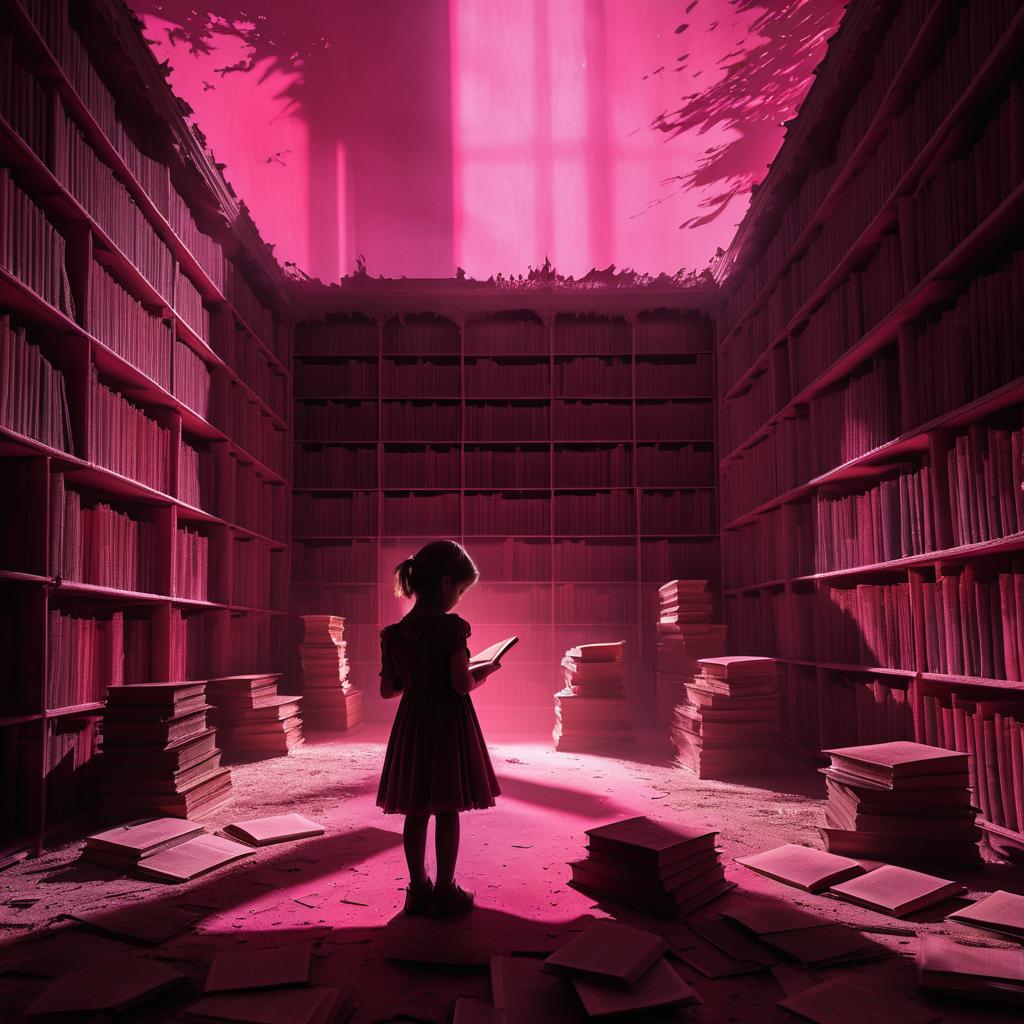 Eerie Library with Shadowy Child Figure