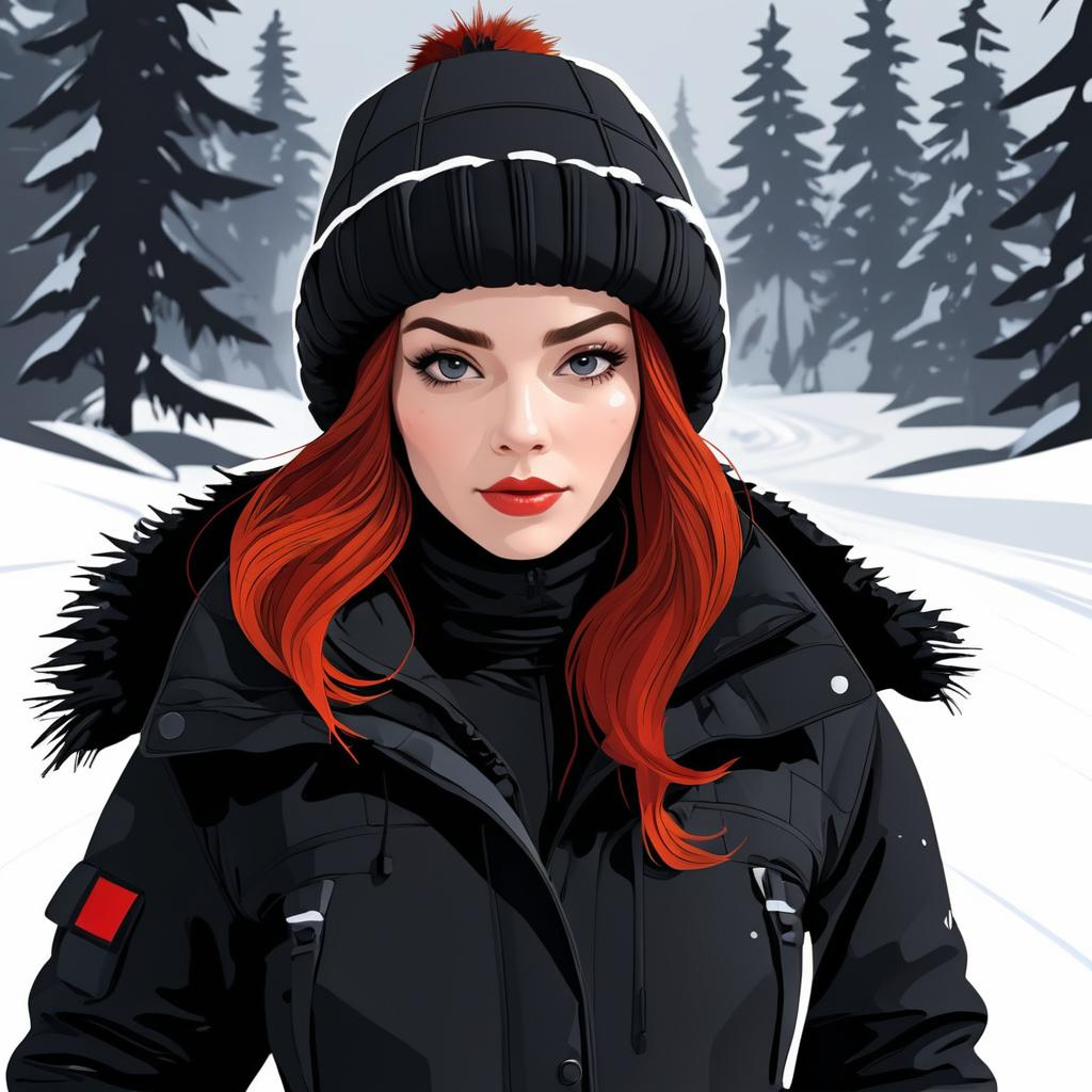 Red-Haired Woman in Winter Landscape