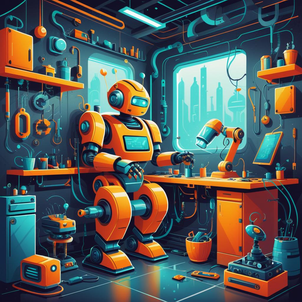 Cheerful Robot Mechanic in Futuristic Workshop