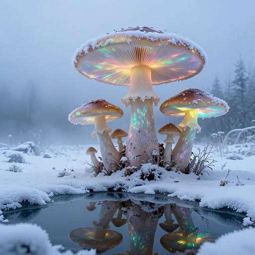 Luminescent Mushrooms in Snowy Dreamscape