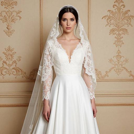 Photograph of a beautiful woman with dark hair in an elegant white lace wedding dress and veil, standing against ornate beige wallpaper.
