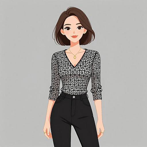 Digital illustration of a smiling woman with short brown hair, wearing a black and white geometric pattern blouse and black high-waisted pants, against a light