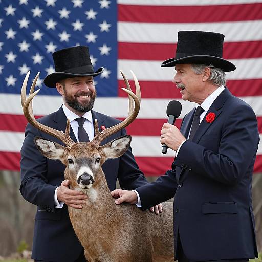 Men in Top Hats with Taxidermy Deer