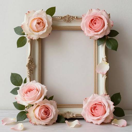 Photograph of a vintage, gold-framed picture frame adorned with large, pale pink roses and green leaves, set against a plain white background.