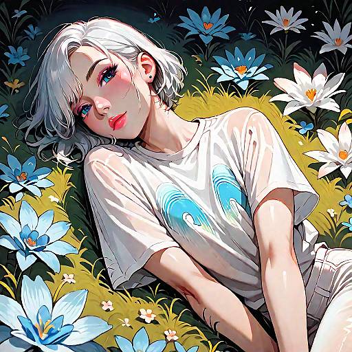 Anime Style White-Haired Man Lying in Flower Field
