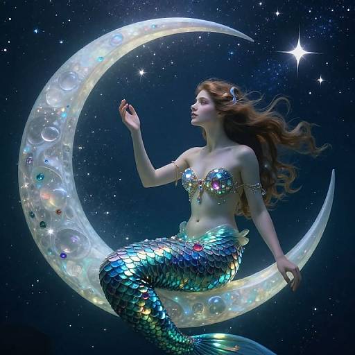 Digital artwork of a shimmering mermaid with long brown hair, wearing a sparkly, silver top and blue-green scales, floating on a glowing,