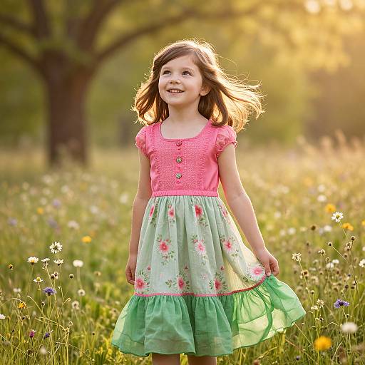 Smiling Girl in Floral Dress in Sunlit Meadow