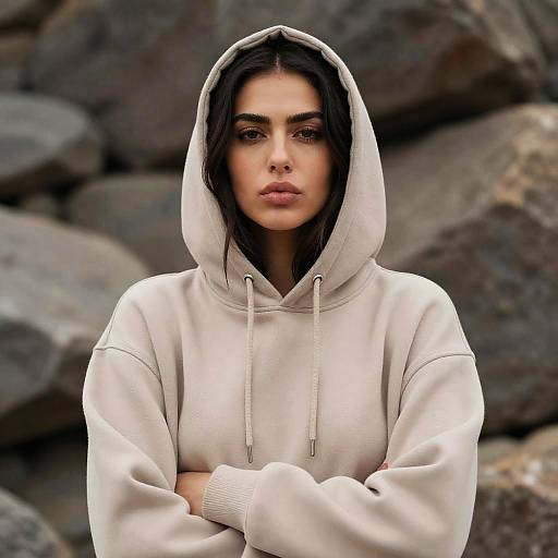 Intense Woman in Beige Hoodie Portrait