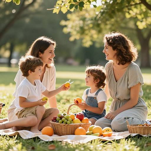 Photograph of a smiling family of four, sitting on a blanket in a sunlit park, sharing apples and enjoying a picnic with baskets of fruit.