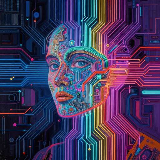 Digital artwork of a neon-lit, cybernetic face with colorful circuit patterns, vibrant blue, pink, orange, and purple lines, set against