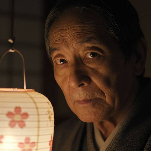 Close-up photograph of an elderly Asian man with wrinkled skin, dark hair, and deep-set eyes, illuminated by a floral-patterned paper lantern in
