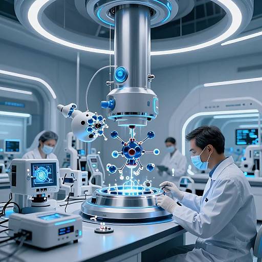 Photograph of a high-tech laboratory with three scientists in white lab coats, working on a futuristic, glowing, metallic device with blue orbs, illuminated by