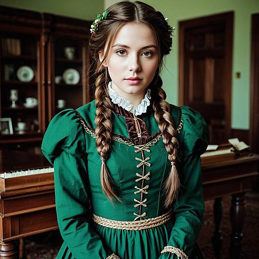 Young Woman in Victorian Green Dress with Braids