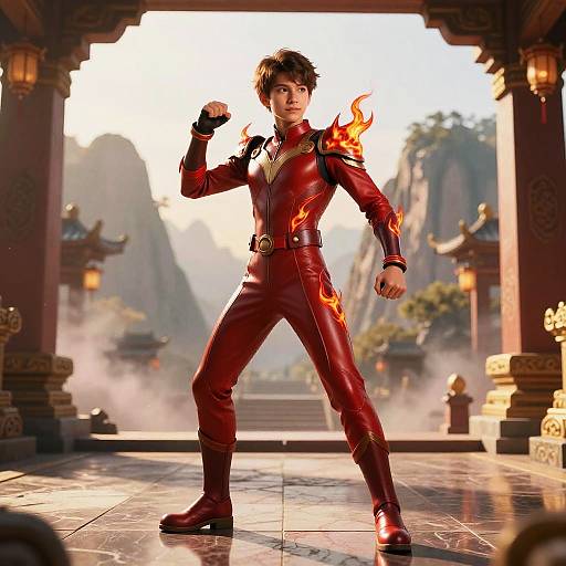 Digital art of a muscular, young man in a red, flame-patterned suit standing confidently in a misty, ancient temple courtyard with mountains in the