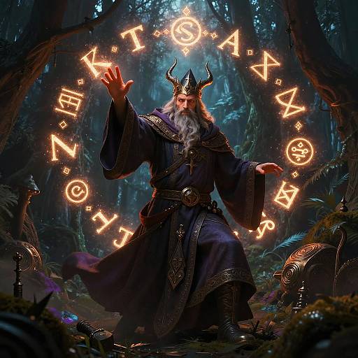 Magical forest scene: bearded, horned wizard in dark robe casts glowing runes, illuminating mystical forest with lush greenery and enchanted artifacts.