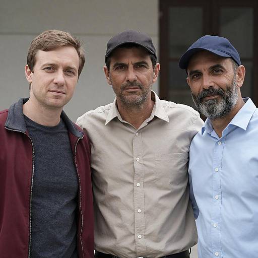 Three Men Standing Together Outdoors