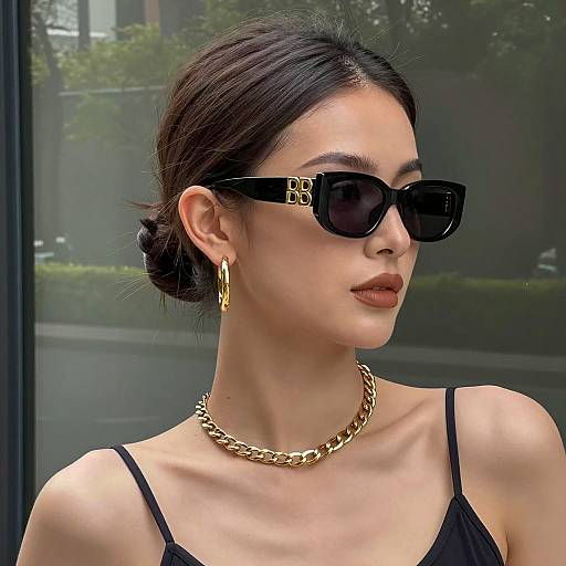 Chic Woman in Sunglasses and Gold Jewelry