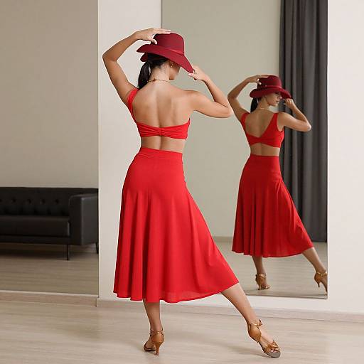 Photograph of a woman in a red dress and hat, adjusting her hat in front of a mirror, reflecting her pose. She's wearing tan high