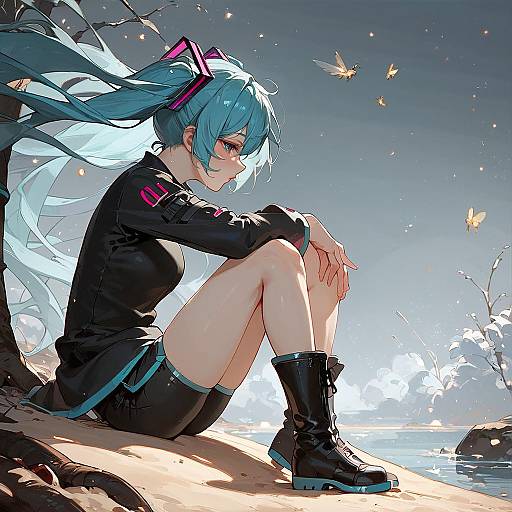Hatsune Miku Sitting by the Water at Night