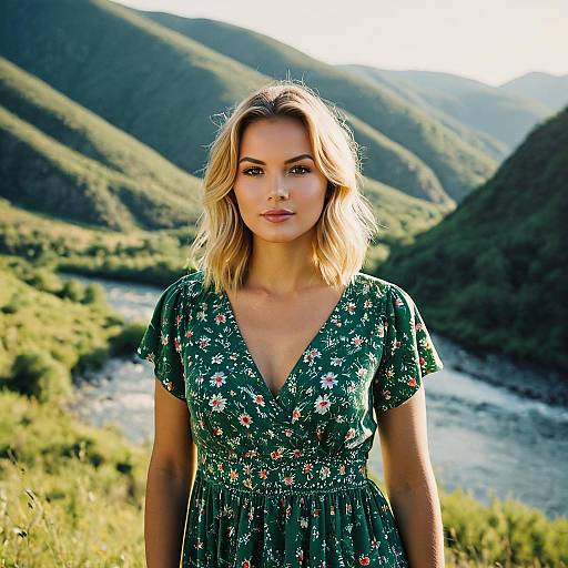 Blonde woman in floral dress by mountain river