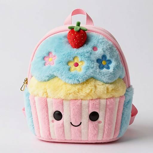 Cute, pastel-colored, plush cupcake backpack with blue, yellow, and pink fluff, black eyes, smile, strawberry on top,