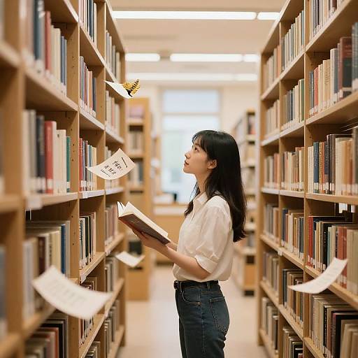 Photograph of an Asian woman with long black hair, white blouse, and blue jeans, standing in a brightly lit library aisle, holding a book,