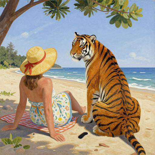 Digital painting: A woman in a straw hat and floral dress sits on a beach blanket, facing a sitting tiger under a leafy tree, with ocean