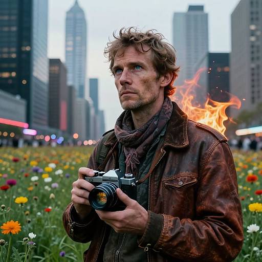 Photograph of a rugged, blue-eyed man with messy brown hair, holding a camera, wearing a leather jacket and scarf, standing in a city flower