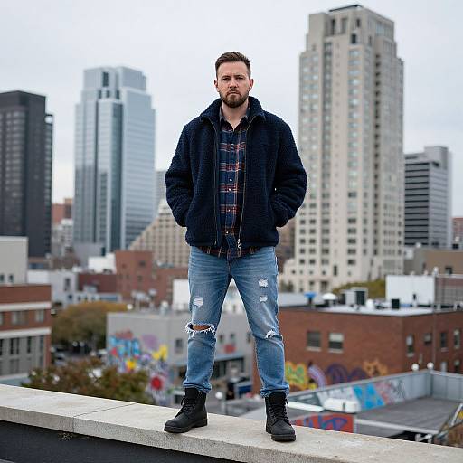 Man on Rooftop with Urban Cityscape