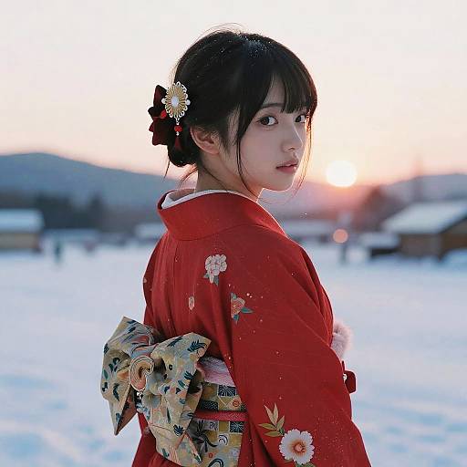 Photograph of a young Asian woman in a red floral kimono with a large, patterned obi, standing in a snowy landscape at sunset,