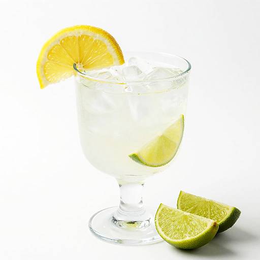 Photograph of a clear glass filled with a citrus-infused drink, garnished with a lemon slice, and two lime wedges on white background.